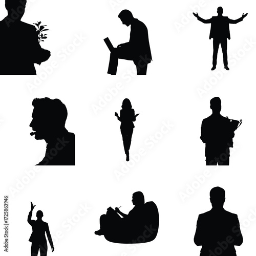 Collection of diverse business people silhouettes showcasing various activities like presenting working on laptops and celebrating success in black