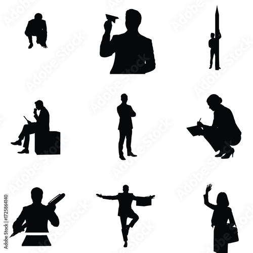 Silhouette illustrations of diverse business professionals in various poses showcasing teamwork leadership and creative problemsolving skills