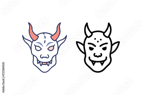 Two stylized demon faces with sharp teeth and horns one colored with red horns and blue markings the other in black outline