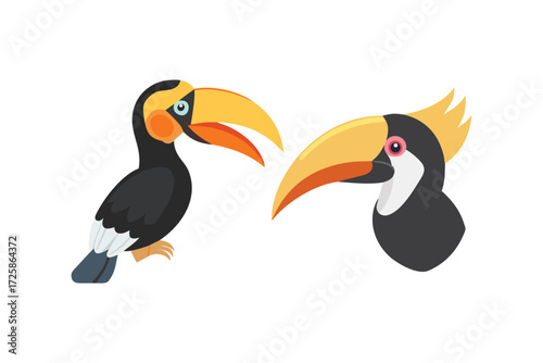 Two vibrant cartoon toucans with large colorful beaks isolated on a white background