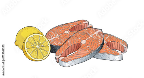 Fresh salmon steaks with sliced lemon as a healthy seafood meal.