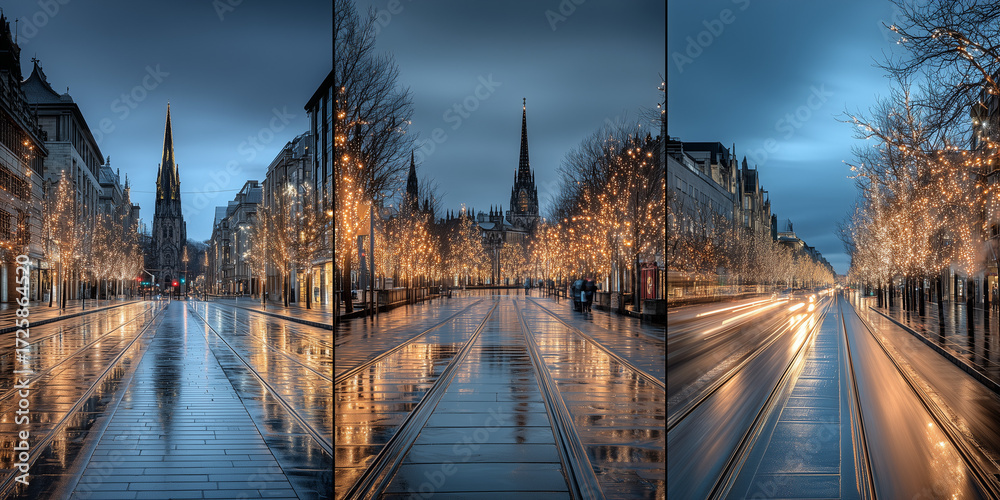 Obraz premium twilight city street triptych with glowing string lights, wet pavement reflections and church steeple in serene festive composition