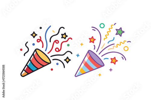 Two colorful party poppers exploding with confetti and streamers celebrating a festive event