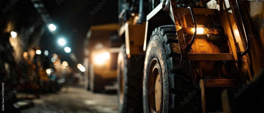 Fototapeta premium Heavy machinery wheel loader in underground mine tunnel with dim lighting, showcasing industrial equipment and mining operations Concept of construction and engineering