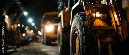 Heavy machinery wheel loader in underground mine tunnel with dim lighting, showcasing industrial equipment and mining operations Concept of construction and engineering