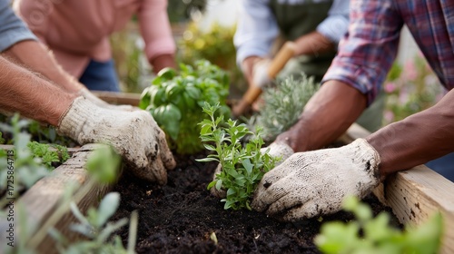 Fototapeta Naklejka Na Ścianę i Meble -  People planting herbs together in a community garden during warm daylight hours