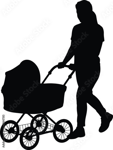 Silhouette of a mother pushing a baby stroller in a park