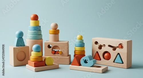 Arrangement of wooden stacking toys and shape sorter sits on a light blue surface, showcasing natural materials and minimalist aesthetic for children's learning and play.
