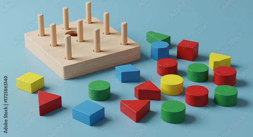 Obraz premium Colorful wooden shapes scattered around a geometric puzzle toy on a blue surface, promoting learning and development in a playful and educational setting.