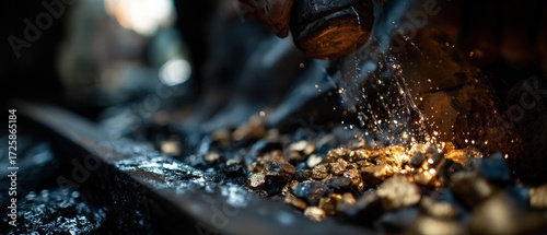 Closeup of gold mining with water spraying on the ore, revealing precious metal in a dark environment Concept of wealth, extraction, and industry