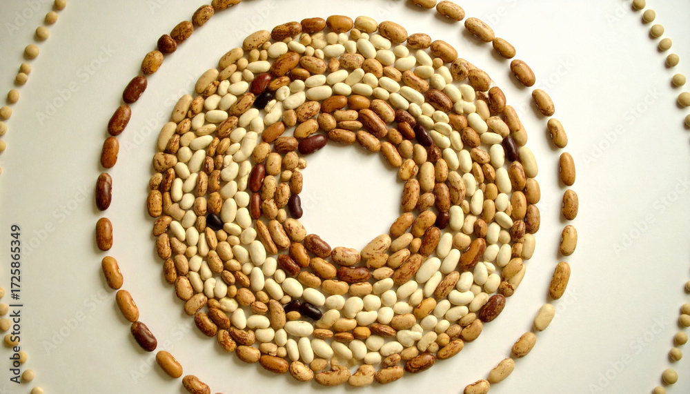 Fototapeta premium Spiral Arrangement of Mixed Organic Beans on White. Vegan Lifestyle. Generated Image