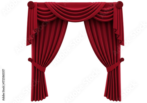 Elegant red velvet curtains with draping isolated on transparent background