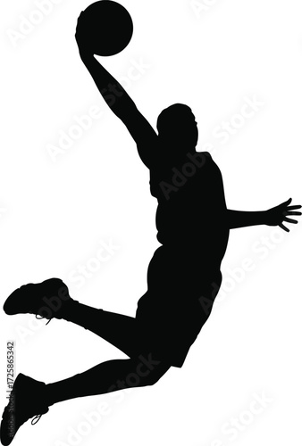 Silhouette of a basketball player in the middle of a dynamic jump shot