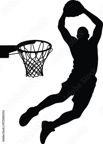 Silhouette of a basketball player in mid air performing a dunk