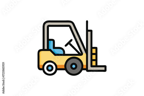 Simple cartoon illustration of a yellow forklift truck with a blue seat and black tires on a white background