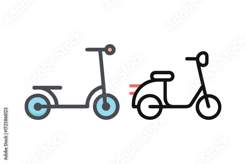 Two simple outline illustrations of a kick scooter and a vintage style scooter side by side