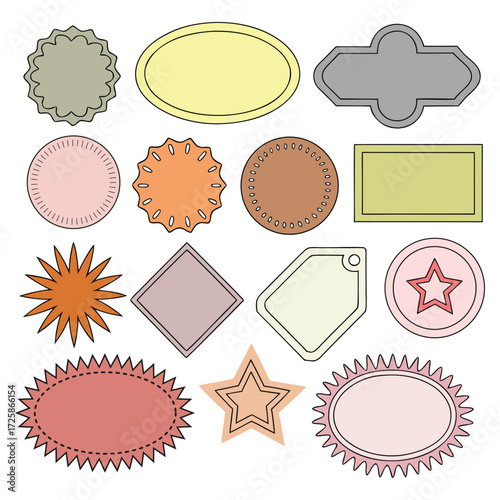 Colorful decorative labels and shapes including ovals, stars, circles, and tags. Creative border collection perfect for scrapbooking, crafts, and stationery. Modern template for print and digital desi