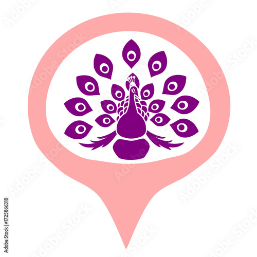 Nesting environments of rare birds: Vector icon of a purple peacock with decorative feathers on a nest on a pink background of the type of location icon