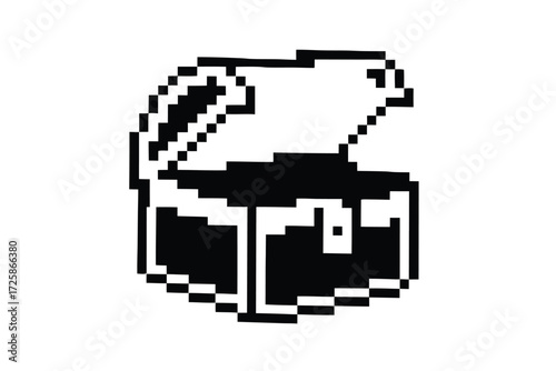 Pixelated black treasure chest is shown with an open lid on the white background