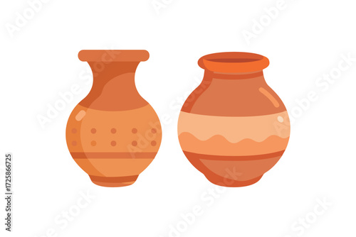 Two stylized terracotta ancient amphorae or vases with decorative patterns on a white background