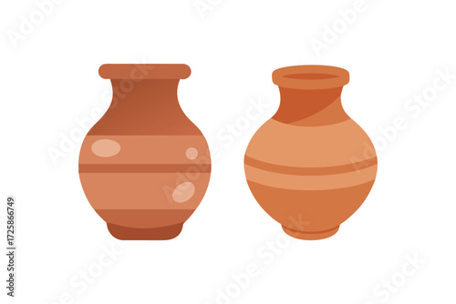 Two traditional terracotta clay amphorae or vases with decorative bands and patterns on a white background