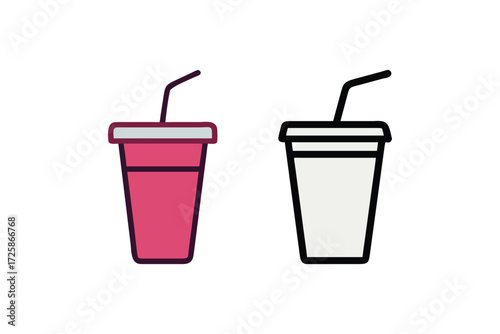 Two stylized cups with straws one pink and one white representing drinks or beverages