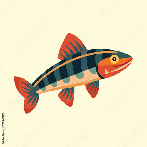 Stylized Illustration of a colorful striped Fish with interesting fin and tail design