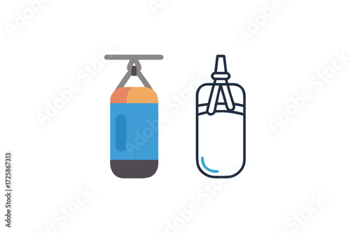 Two punching bags one colored and one outline representing boxing and combat sports training equipment