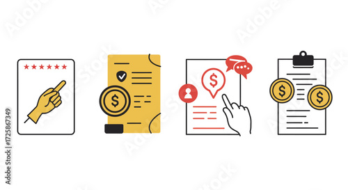 Financial planning icons representing transactions documents and investments isolated on white background