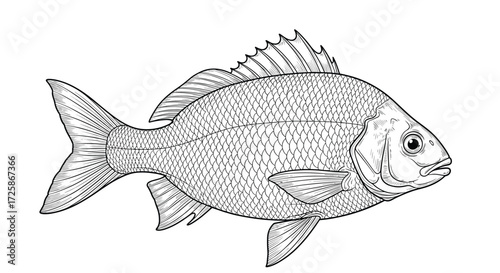 Detailed illustration of a common freshwater fish showing its fins scales and body shape.