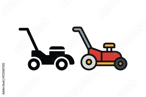 Two lawn mowers one black silhouette and one colorful illustration on a white background