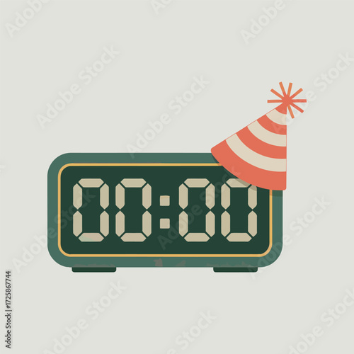 New Year Countdown Digital Clock with Party Hat at Midnight