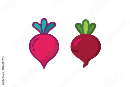 Two vibrant cartoon style beetroots with green leafy tops isolated on a clean white background