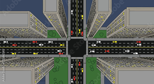An aerial view of a busy city intersection with traffic and tall buildings.