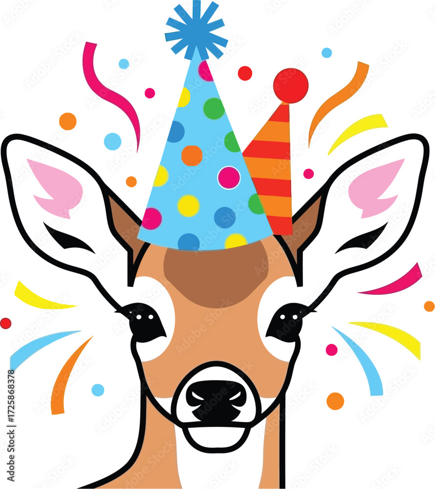 Fototapeta premium A cute cartoon deer celebrating a birthday with colorful party hats and confetti.
