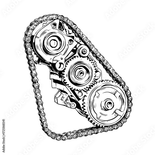 Mechanical engine gears timing chain system vector illustration for engineering and automotive designs