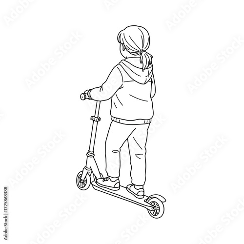 Child wearing helmet riding a scooter sketch style for creative projects isolated on white background