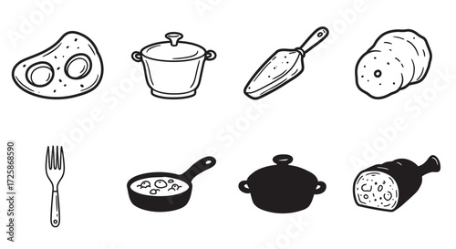 Collection of hand-drawn culinary kitchen utensils and food items icons and graphics isolated on white background
