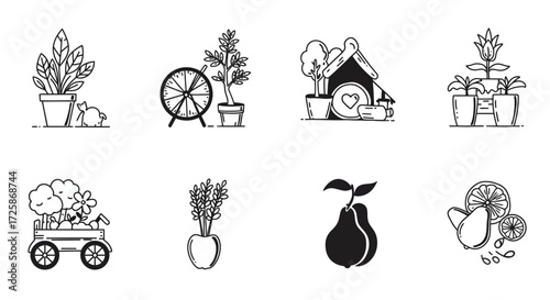 Hand drawn rustic garden icons featuring plants animals and produce elements for countryside themes isolated on white background
