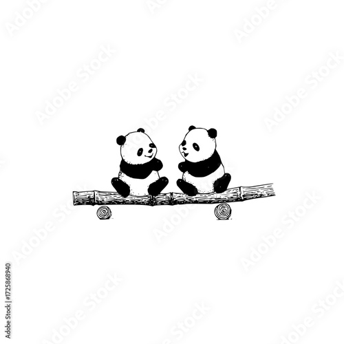 Two cute panda bears sitting on bamboo illustration black and white drawing animal illustration adorable art