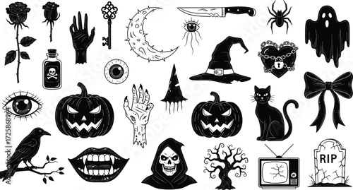 A collection of black and white gothic and Halloween-themed illustrations, including pumpkins, a witch hat, a black cat, and other spooky symbols.