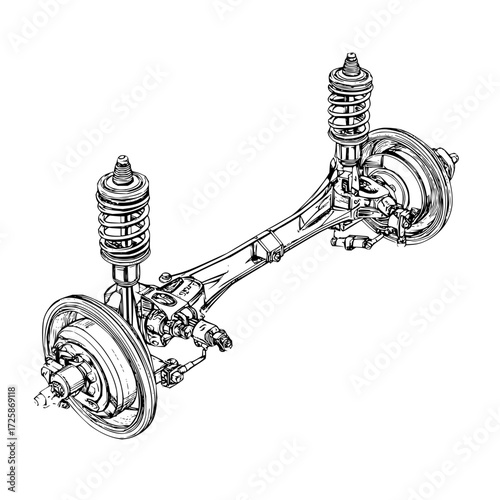 Automotive suspension system diagram detailed view car suspension parts and components engineering drawing design
