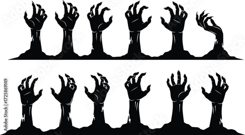 Silhouette of multiple zombie hands rising from the ground, creating a spooky and ominous atmosphere.