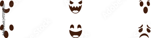 A collection of six brown cartoon ghost faces showing various emotions like happiness, anger, and sadness.