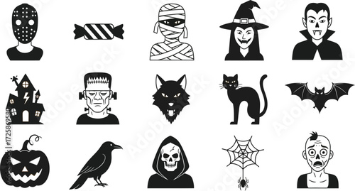 A collection of black and white Halloween-themed icons including monsters, spooky creatures, and holiday symbols.