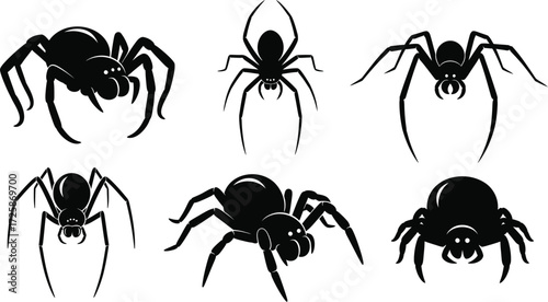 Collection of six black spider silhouettes in various poses, isolated on a white background, depicting different arachnid forms.