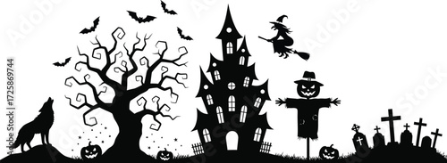 Silhouette of a spooky Halloween scene featuring a haunted house, witch, scarecrow, and graveyard.