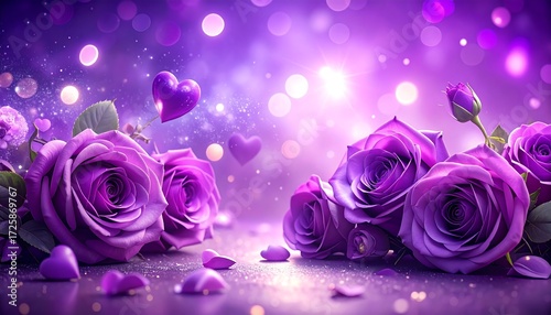 Fototapeta Naklejka Na Ścianę i Meble -  Two bunches of purple roses with small hearts and glitter on a dark background