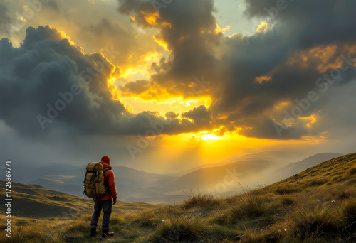 Hiker with backpack stands on grassy hillside watching dramatic golden sunset breaking through heavy storm clouds casting glowing light across distant rolling mountains and mist filled valleys