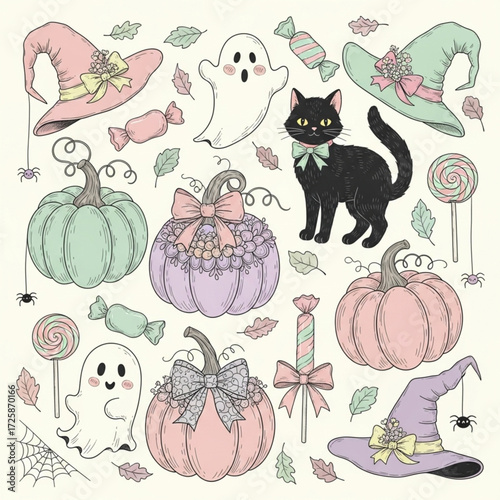 Coquette Halloween Vector Collection: Pastel Pumpkins and Girly Spooky Cute Elements